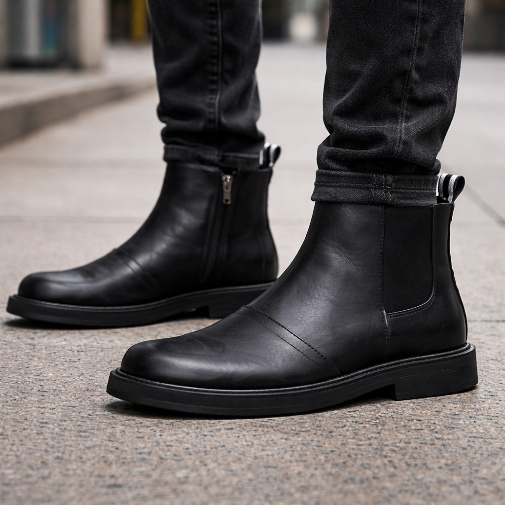 Vista lateral de la bota urbana Basalto de Revolución Urbana con capellada en neumático recuperado.