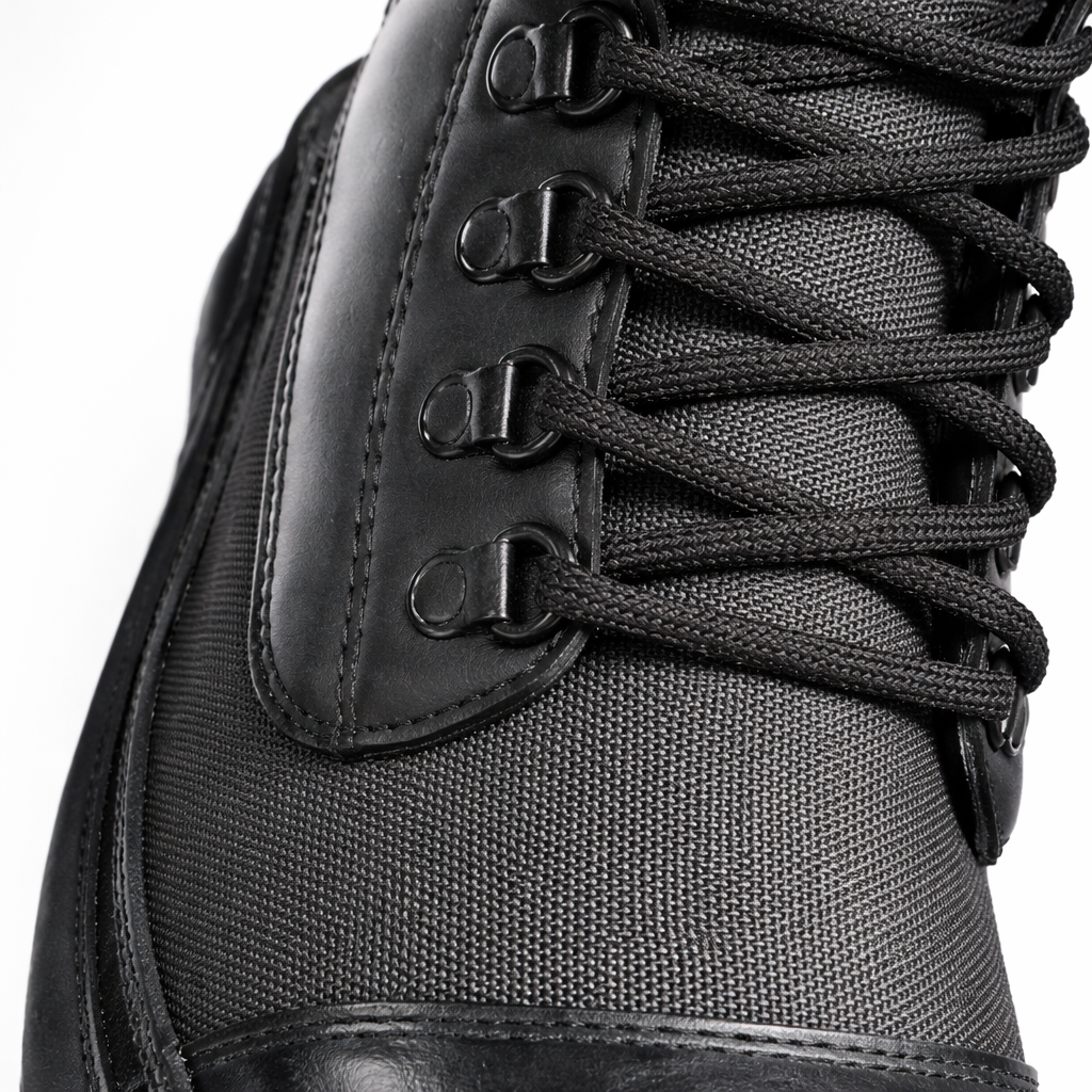Detalle de la bota Lastre de Revolución Urbana con capellada en neumático reciclado, textil y cordones negros.