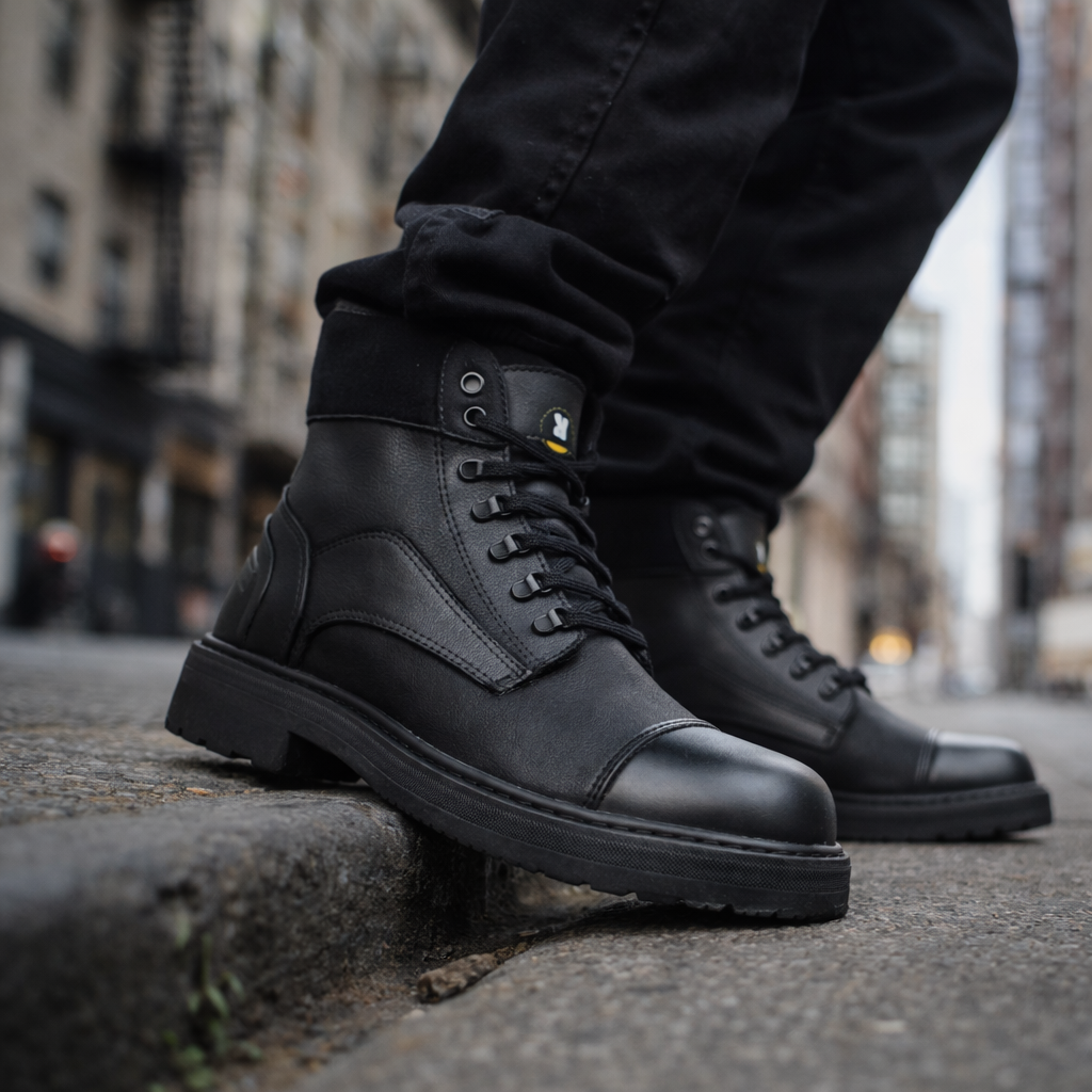 Vista lateral de la bota urbana Lastre de Revolución Urbana con capellada en neumático reciclado y caucho.